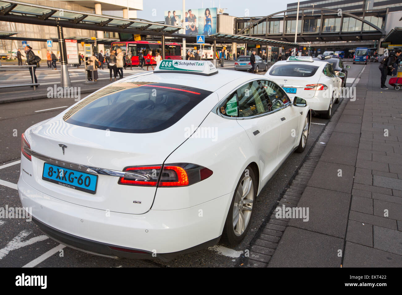 Tesla electric cars being used as taxi's at Schiphol airport in Amsterdam, Holland. Stock Photo