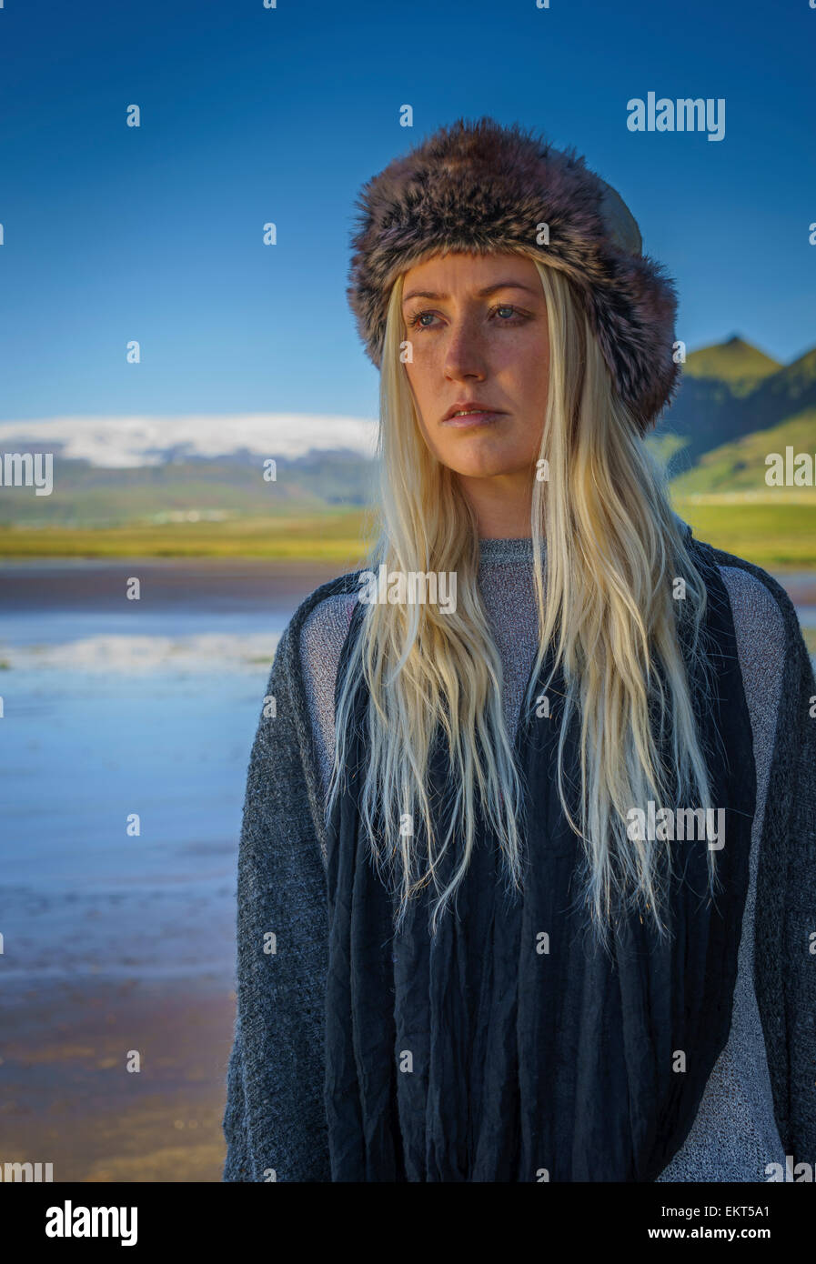 Portrait of Icelandic Woman wearing a hat, Iceland Stock Photo