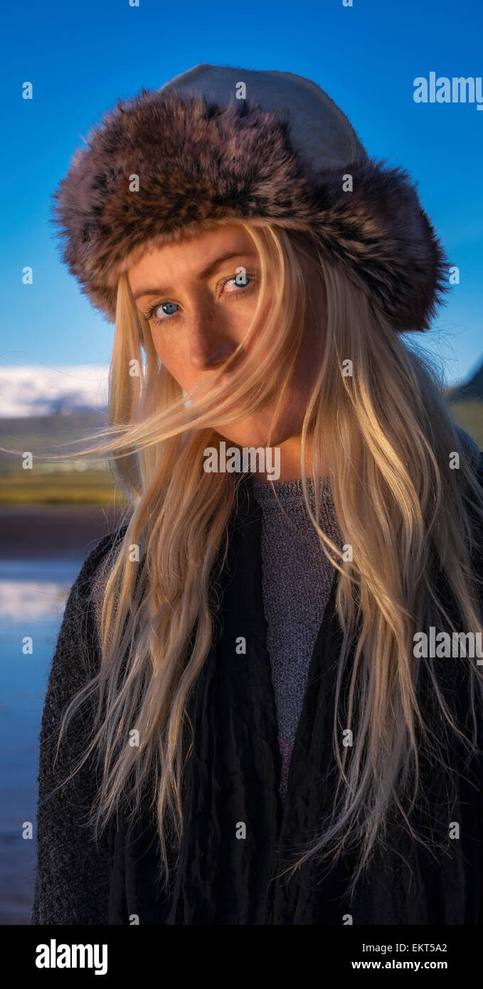 Portrait of Icelandic Woman wearing a hat, Iceland Stock Photo