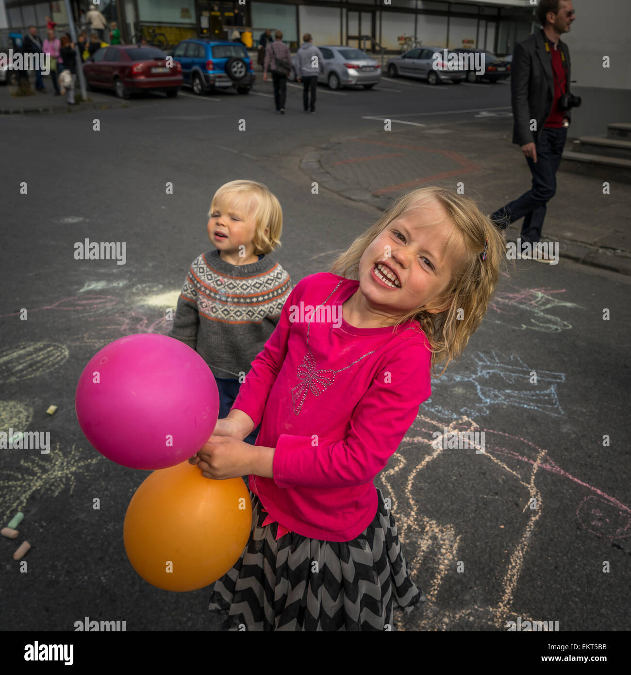 Kids with balloons. Annual end of summer festival-Cultural Festival (Menningarnott),  Reykjavik, Iceland Stock Photo