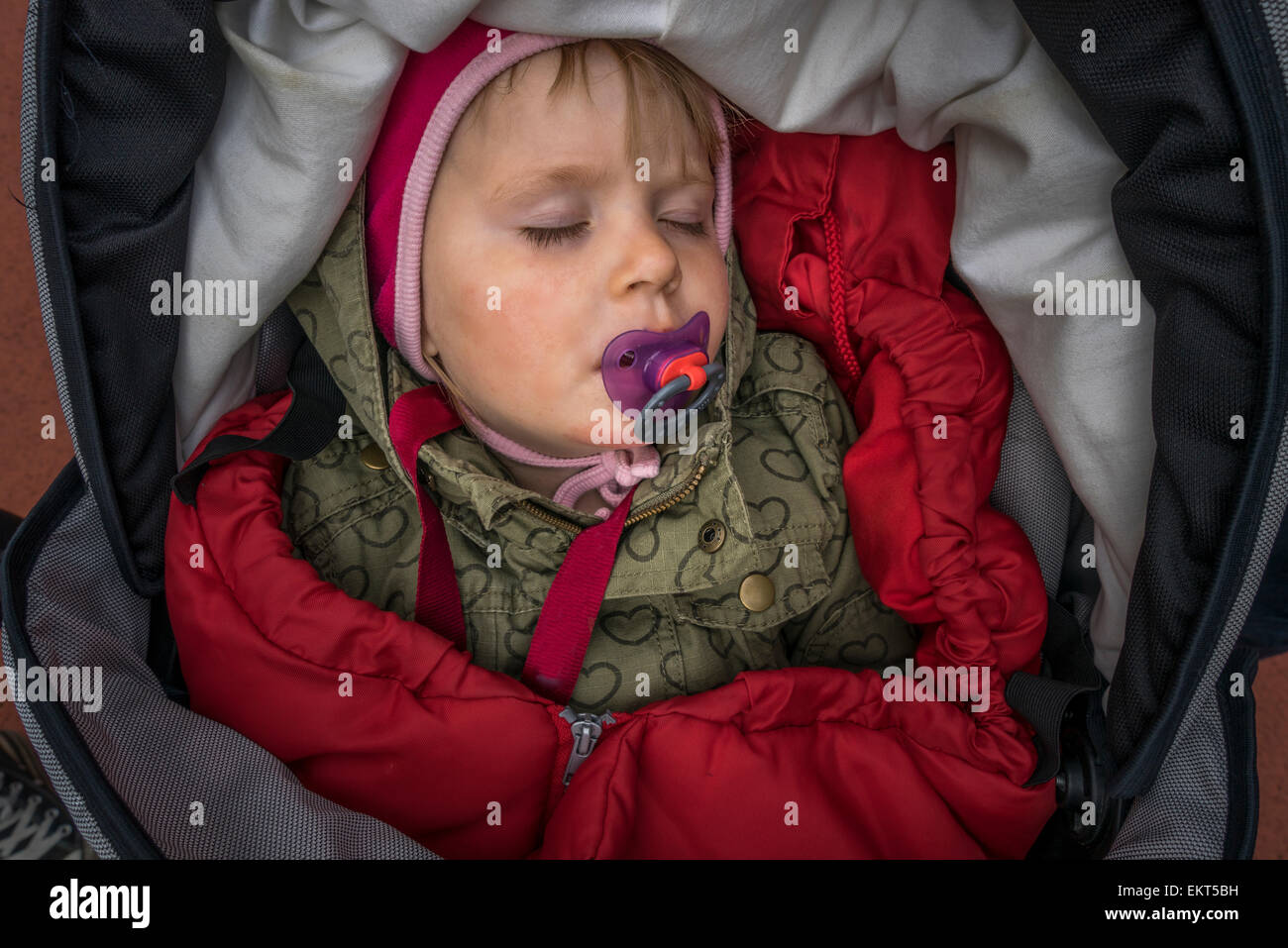 Child with pacifier sleeping in stroller. Annual end of summer festival