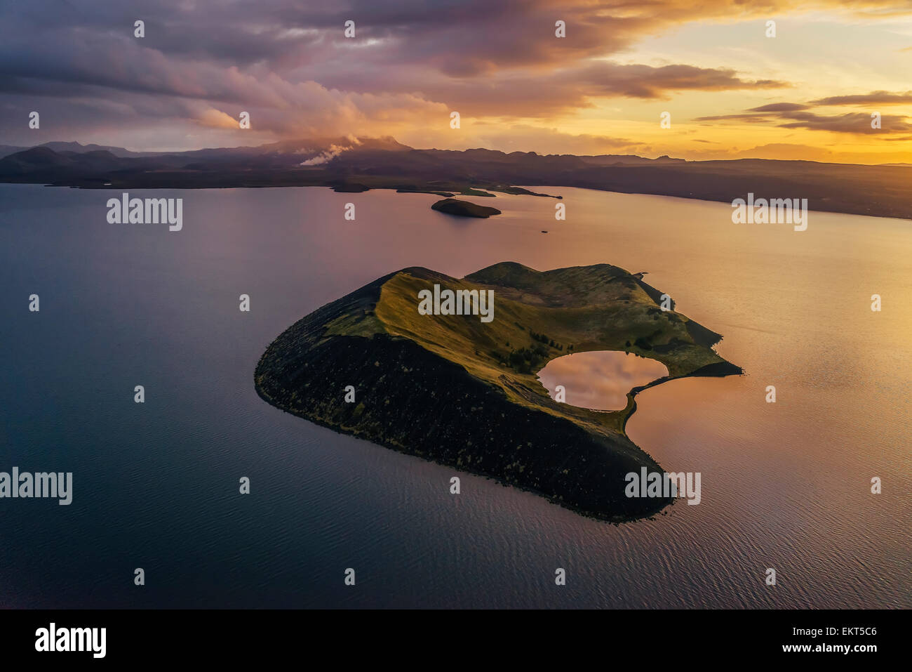 Aerial of a small island named Sandey in Thingvallavatn or Lake Thingvellir, Thingvellir National Park, Iceland Stock Photo