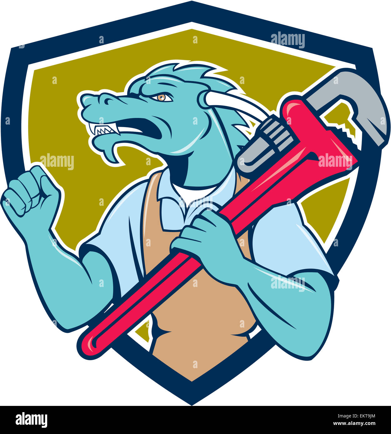 Illustration of a green dragon plumber facing side holding monkey ...