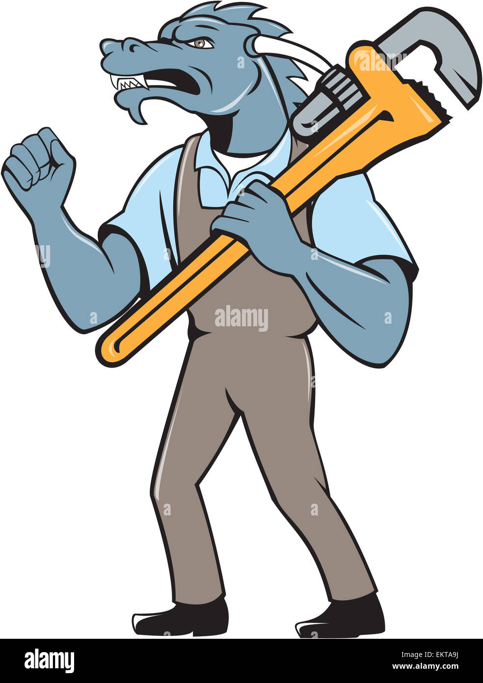 Illustration of a green dragon plumber standing facing side holding ...