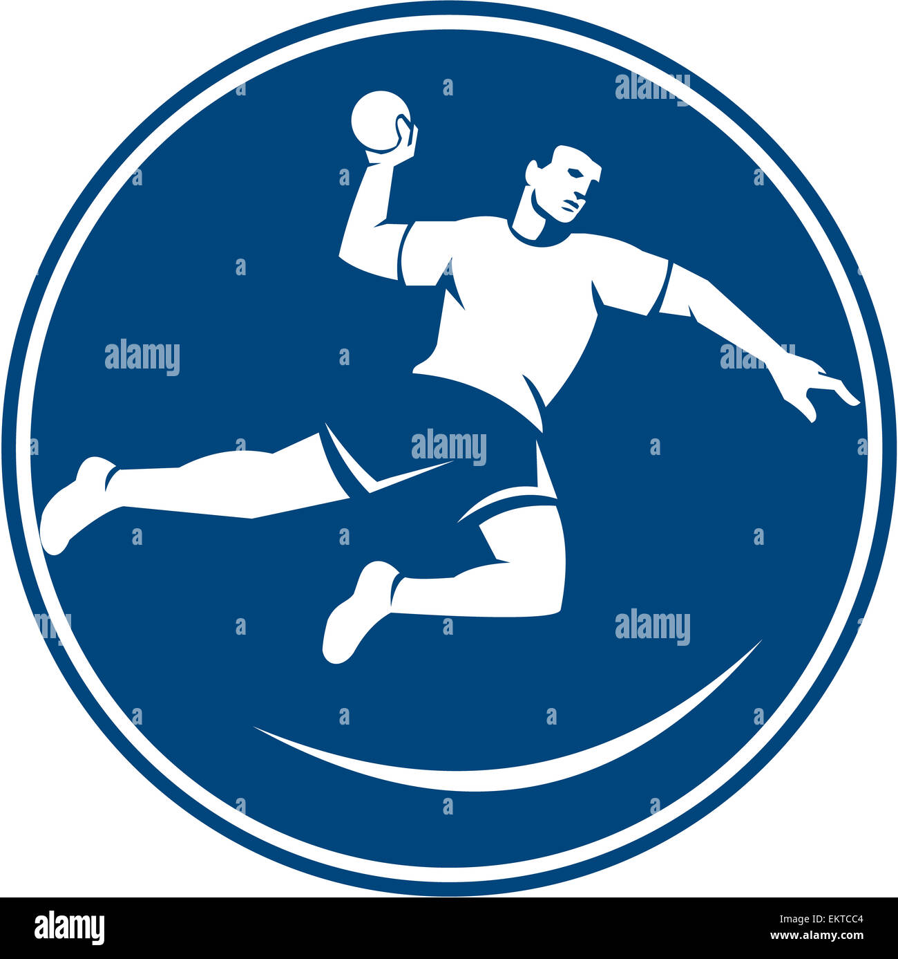 Icon illustration of a handball player jumping throwing ball scoring set inside circle on isolated background done in retro style. Stock Photo
