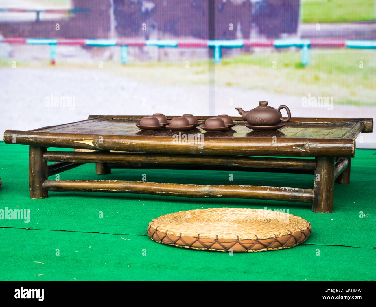 Traditional chinese tea ceremony accessories (tea cups and pitcher) on