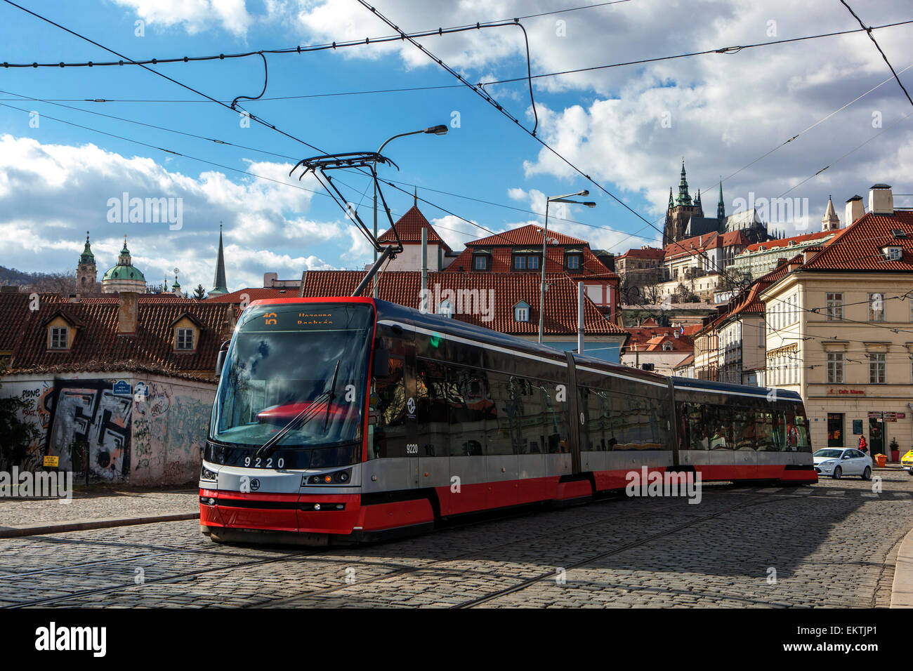 Prague tram in Klarov district of Mala Strana Prague Czech Republic Stock Photo