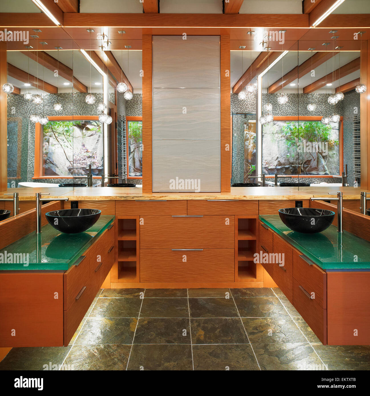 Custom Bathroom Vanities With Green Glass Countertops And Wood
