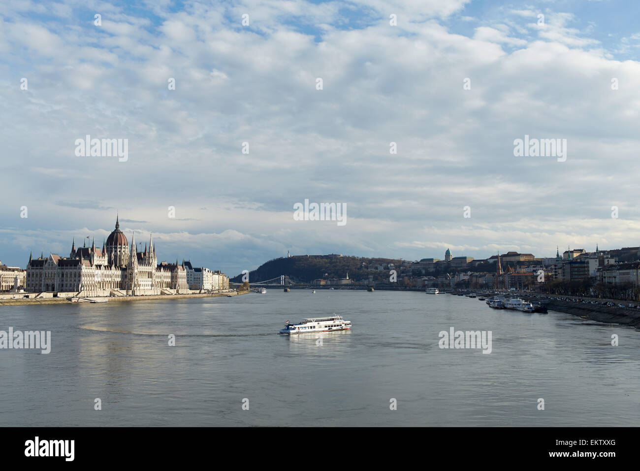 Budapest Parliament viewed from Margit Bridge showing both Buda and Pest each side the river. Stock Photo