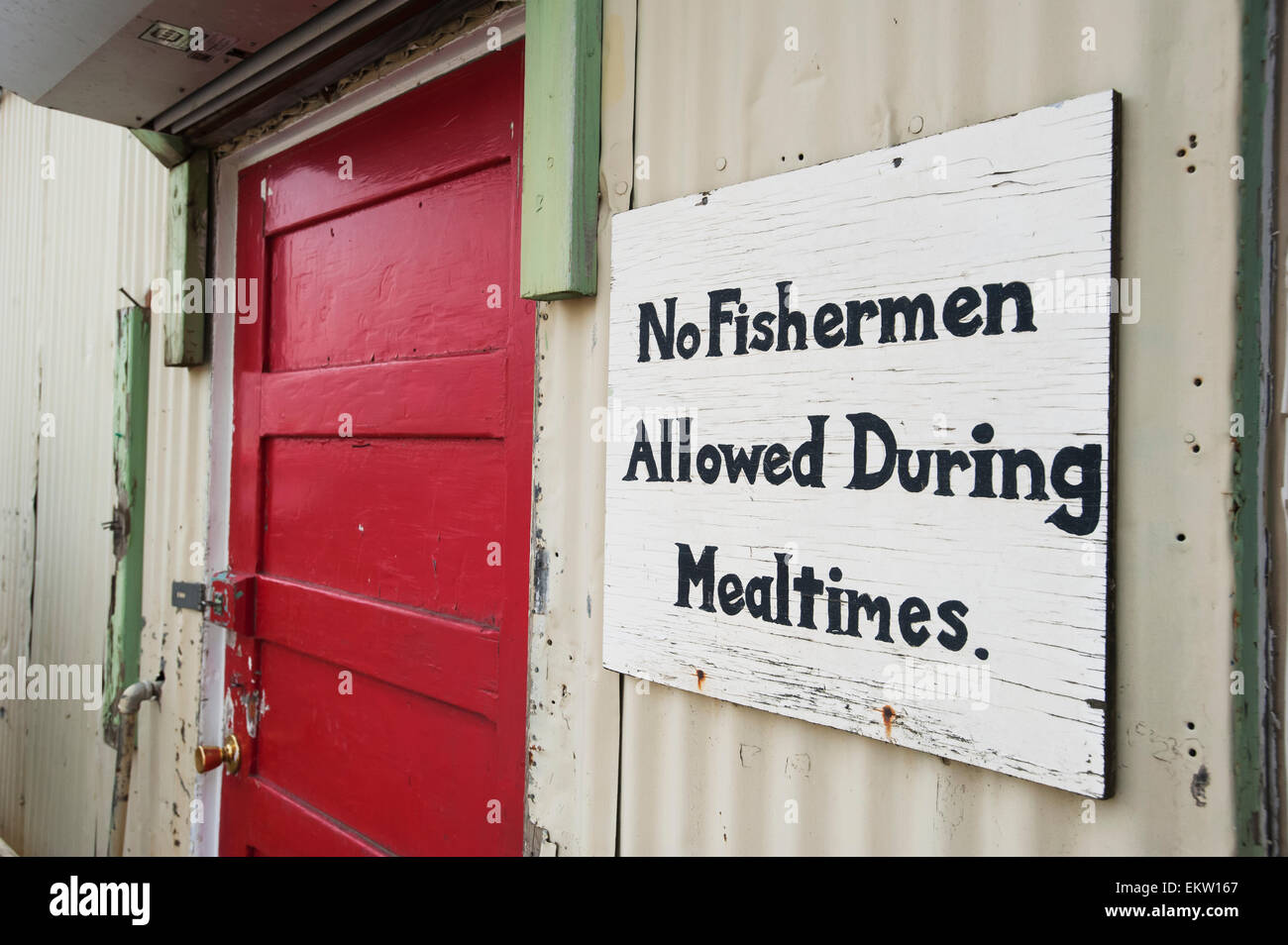 Humorous No Fisherman Allowed sign at a cannery in Naknek, Bristol Bay, Southwest Alaska Stock Photo