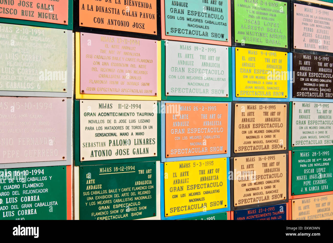 Memorial Plaques in Honor of Spectacular Matador Performances at Bullring of Mijas, Andalusia, Spain Stock Photo