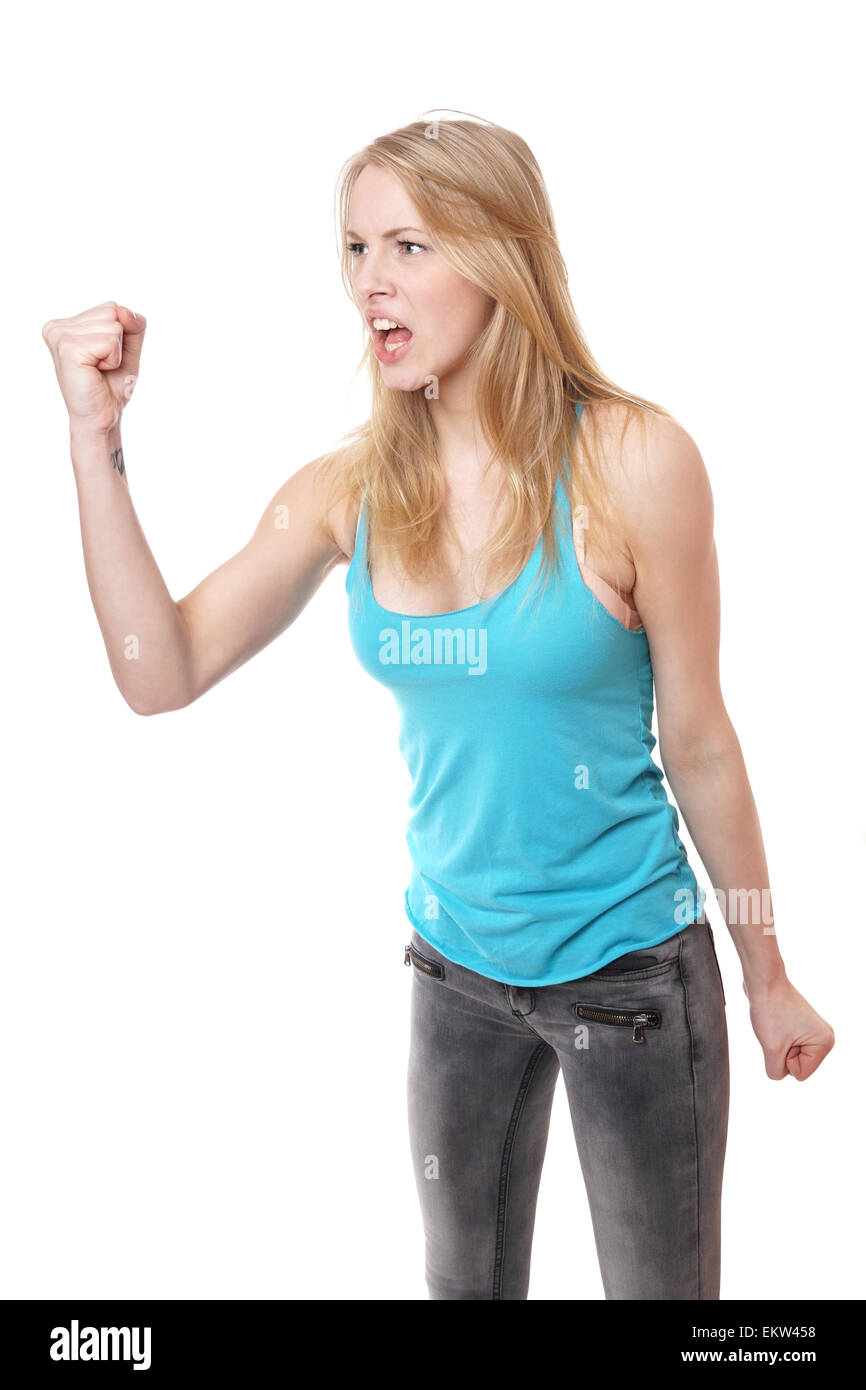 angry woman with clenched fist Stock Photo