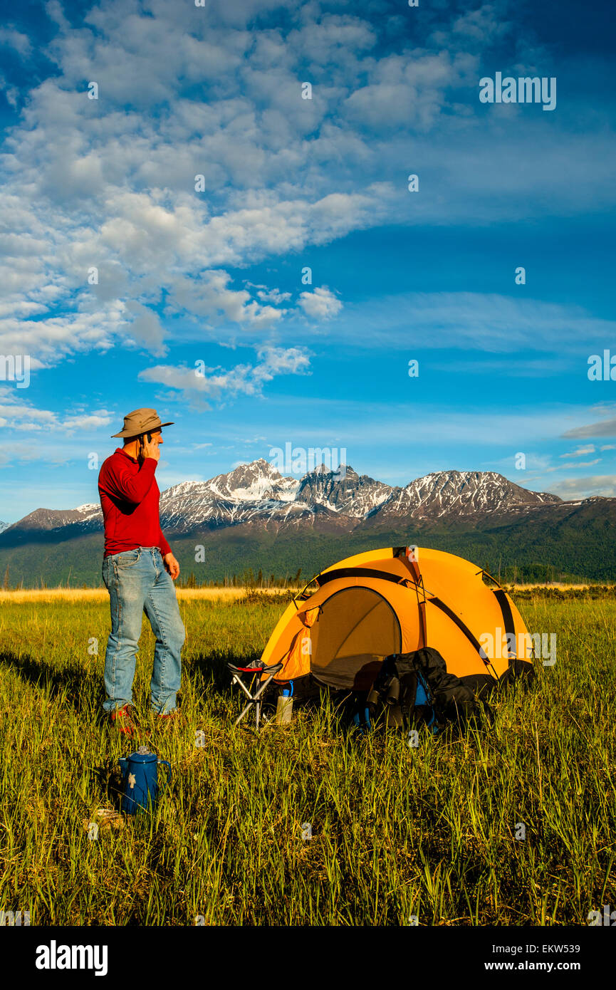 Alaska,Cell Phone,Tent,Mature Men,Mountain Stock Photo Alamy