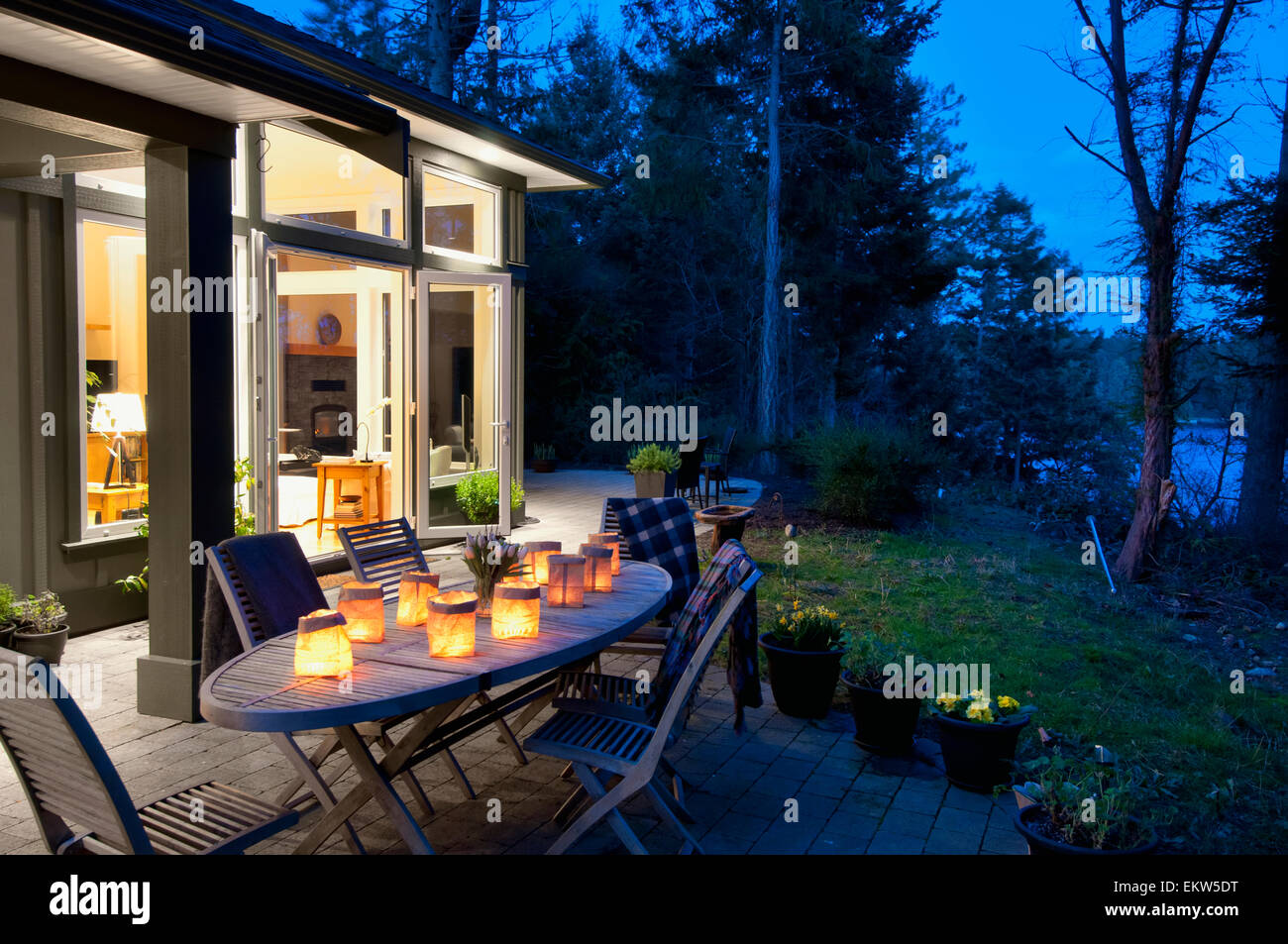 Patio Of West Coast Waterfront Home; Victoria, Vancouver Island, British Columbia, Canada Stock