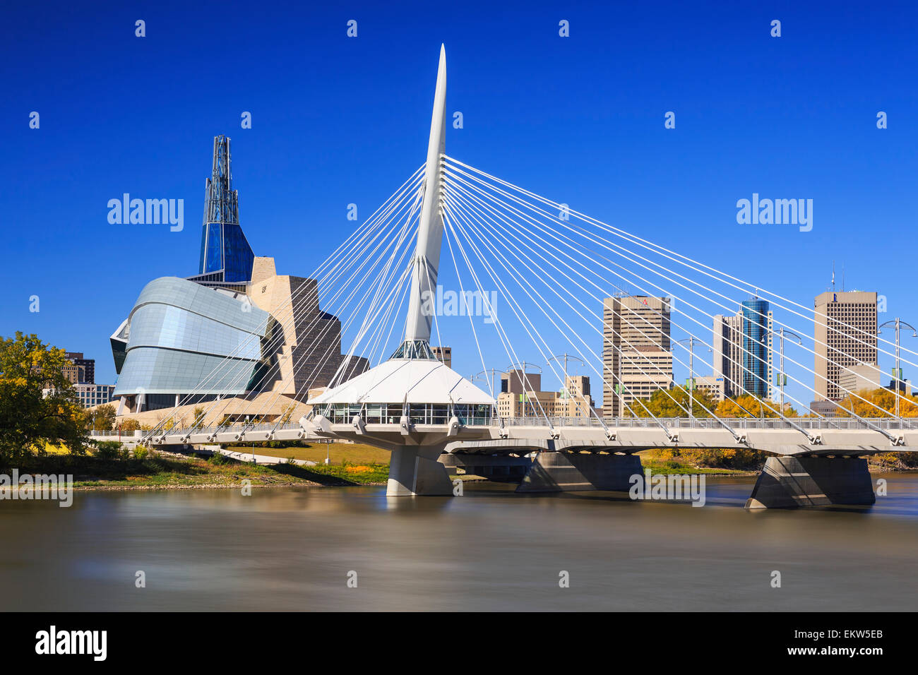 City skyline with Esplanade Riel bridge and Canadian Museum for Human ...