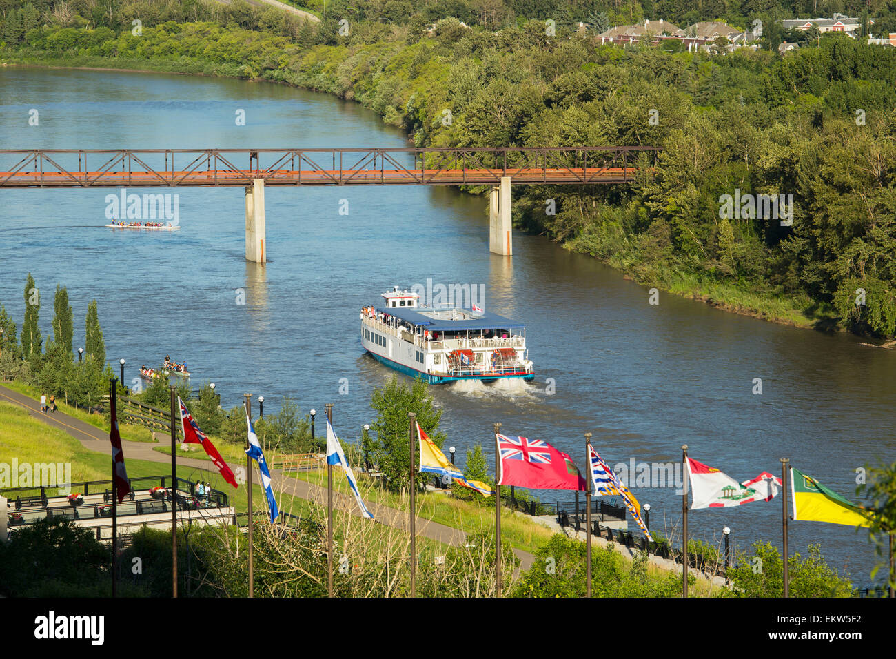 The Edmonton Queen Riverboat with rowers on The North Saskatchewan River; Edmonton, Alberta