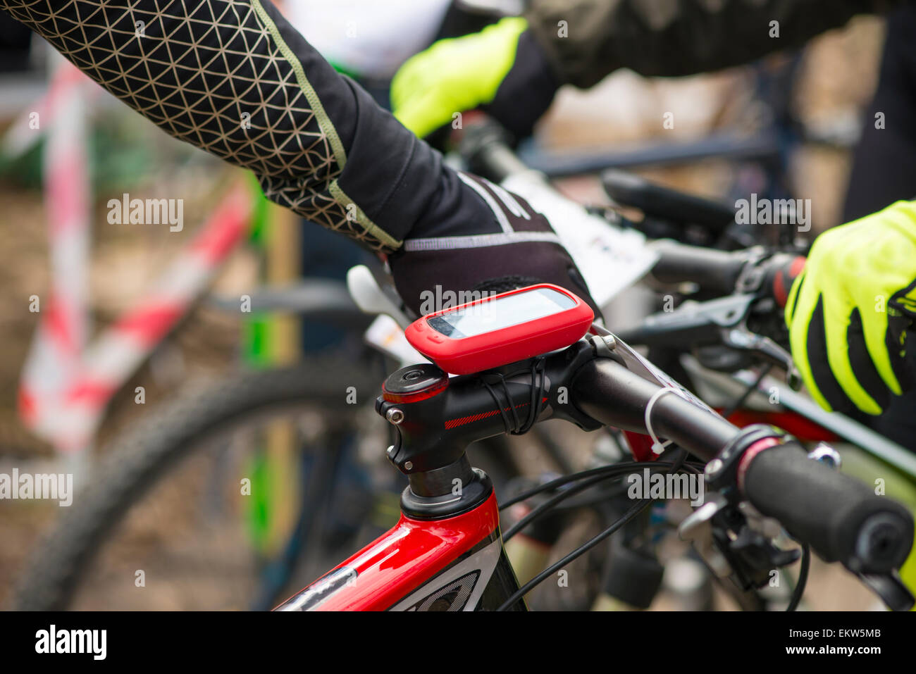 Modern electronic gps device attached to bicycle handlebar Stock Photo