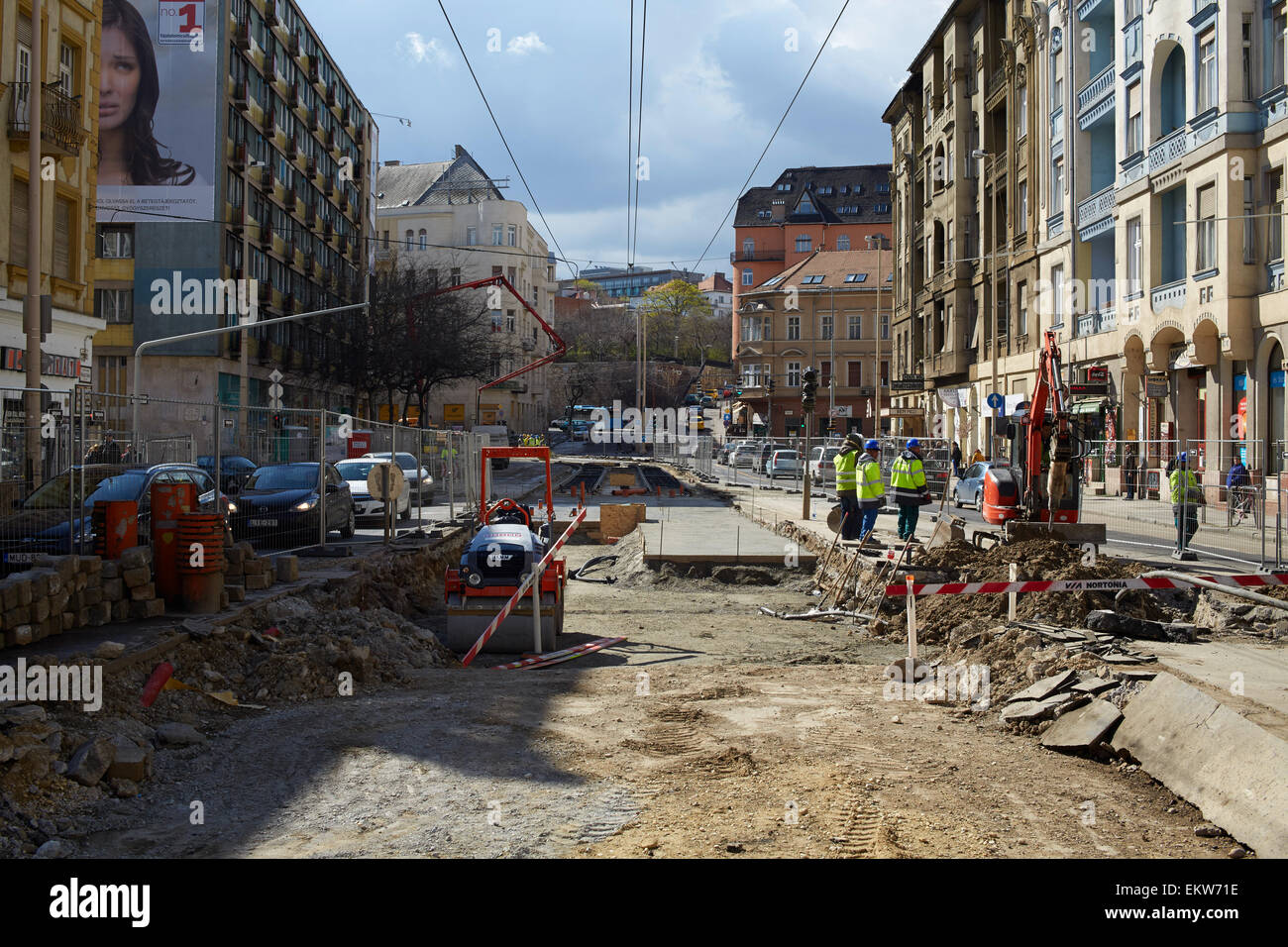 Construcion of new tramlines Budapest, Hungary Stock Photo