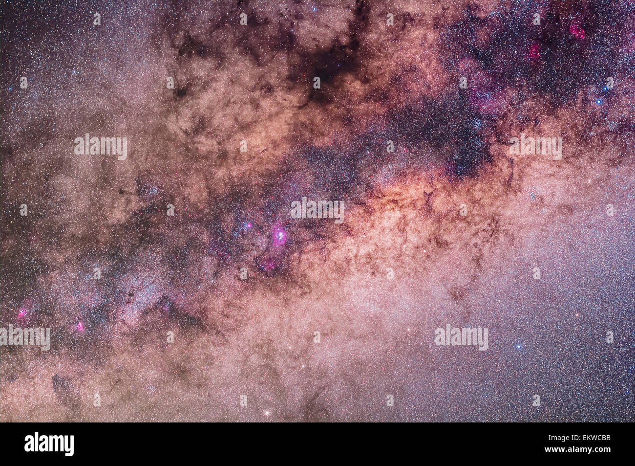 The centre of the galaxy area of the Milky Way toward Sagittarius and Scorpius, with the Sagittarius Star Cloud right of centre, Stock Photo