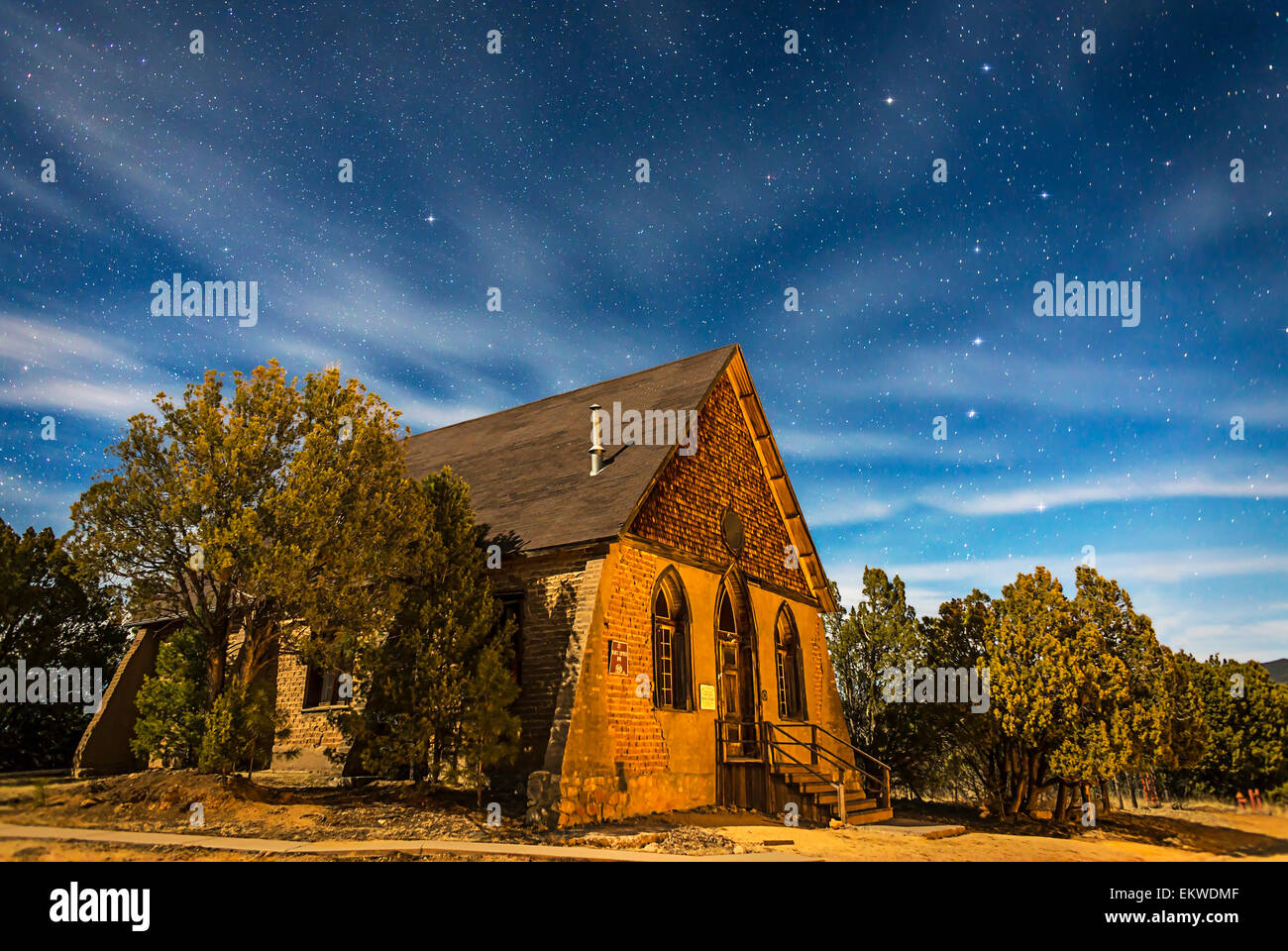 January 27, 2015 - A moonlit nightscape of the historic Hearst Church in Pinos Altos, New Mexico, at 7000 feet altitude (thus th Stock Photo