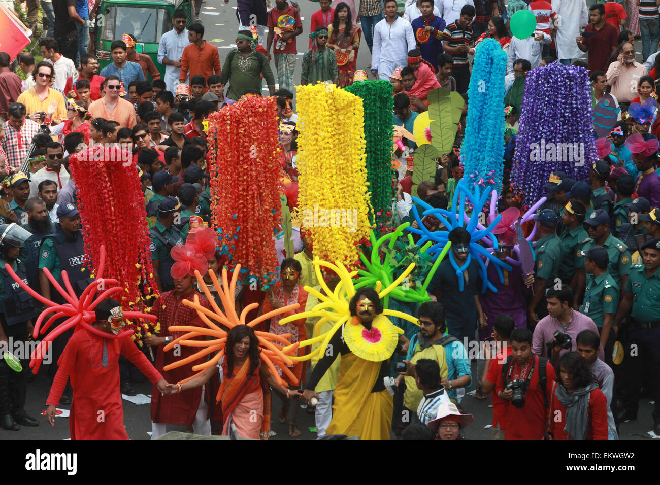 Dhaka, Bangladesh. 14th Apr, 2015. Third genders made a rally to celebrate Bengali New year 1422 in Dhaka.Bangladeshi peoples a colorful march to welcome in the Bengali New Year 1422. Shedding the preceding year's glooms to oblivion, people from all walks of life began to welcome the Bangla year 1422 as soon as the sun rises on the horizon. Credit:  ZUMA Press, Inc./Alamy Live News Stock Photo