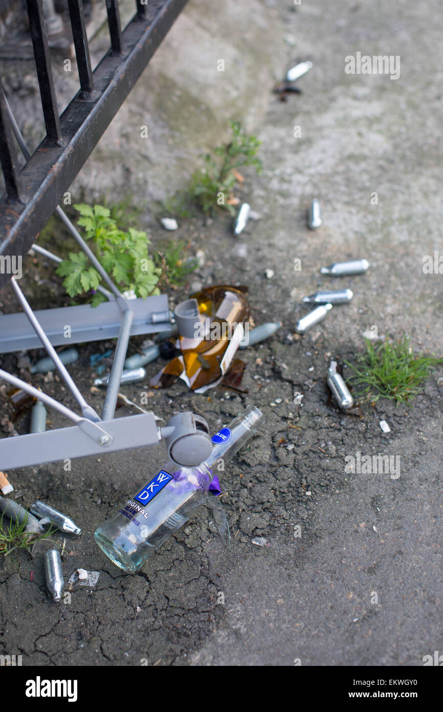Shoreditch, London, UK 14th April 2015. Nitrous Oxide canisters litter