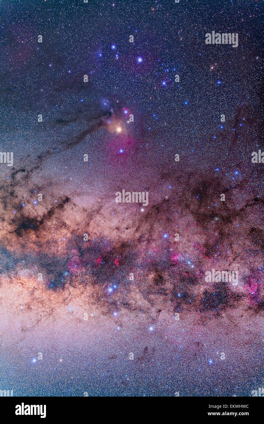 All of Scorpius, plus parts of Lupus and Ara regions of the southern Milky Way. Along the Milky Way are numerous nebulae, includ Stock Photo