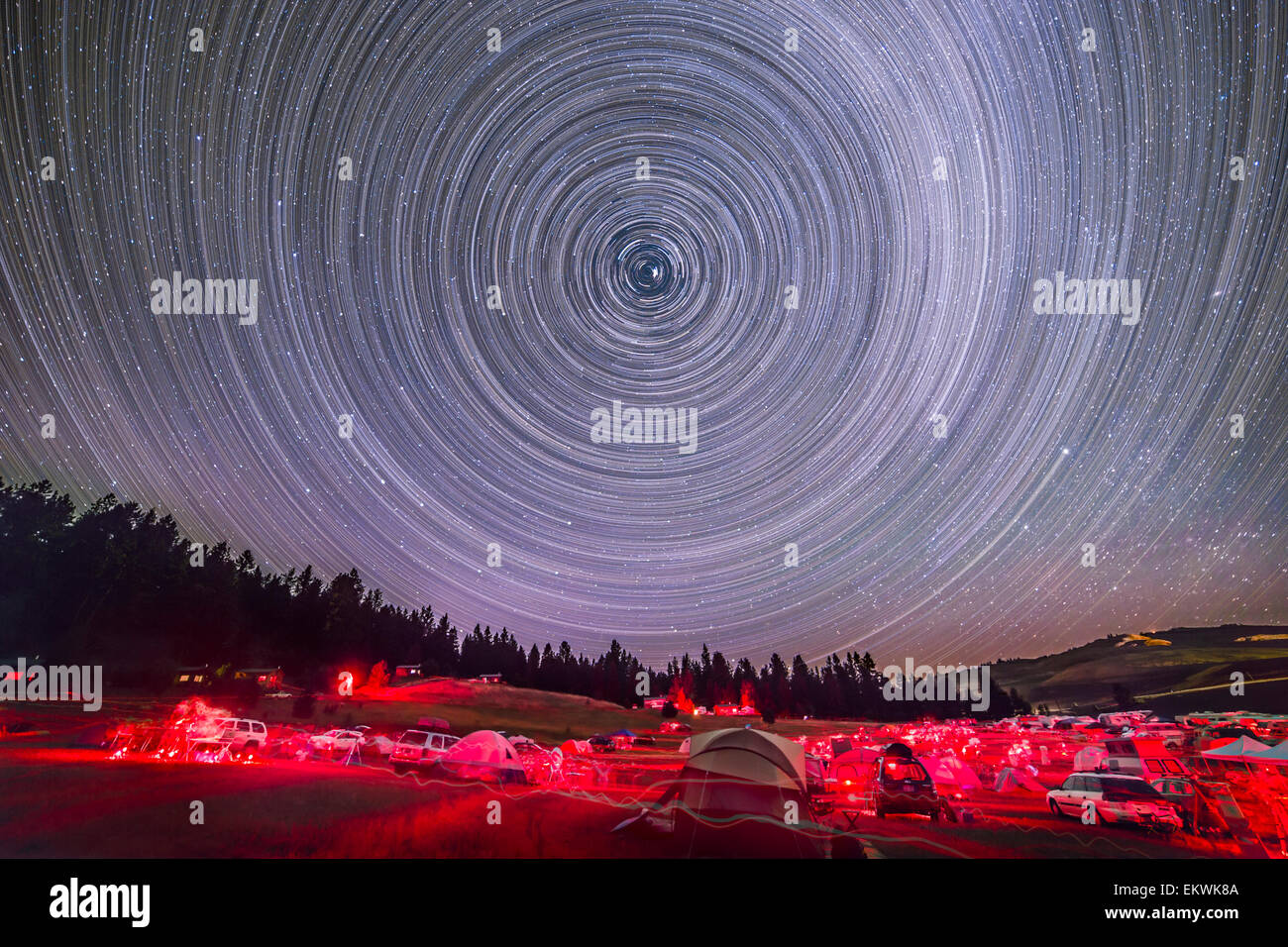 July 26, 2014 - Circumpolar star trails above the Table Mountain Star Party at the Eden Valley Guest Ranch in northern Washingto Stock Photo