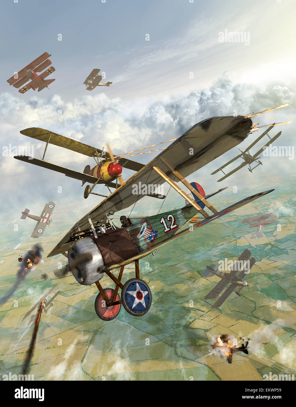 World War I U.S. bi-plane attacking German bi-planes. Stock Photo