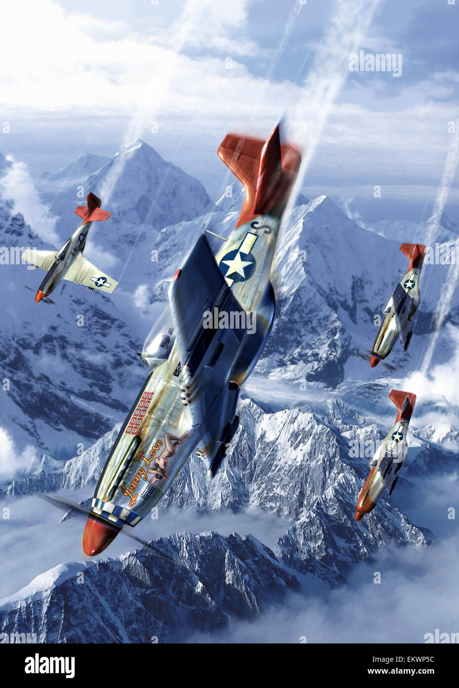 Tuskegee airmen of the 332nd fighter group flying near the Alps in their P-51 Mustangs. Stock Photo