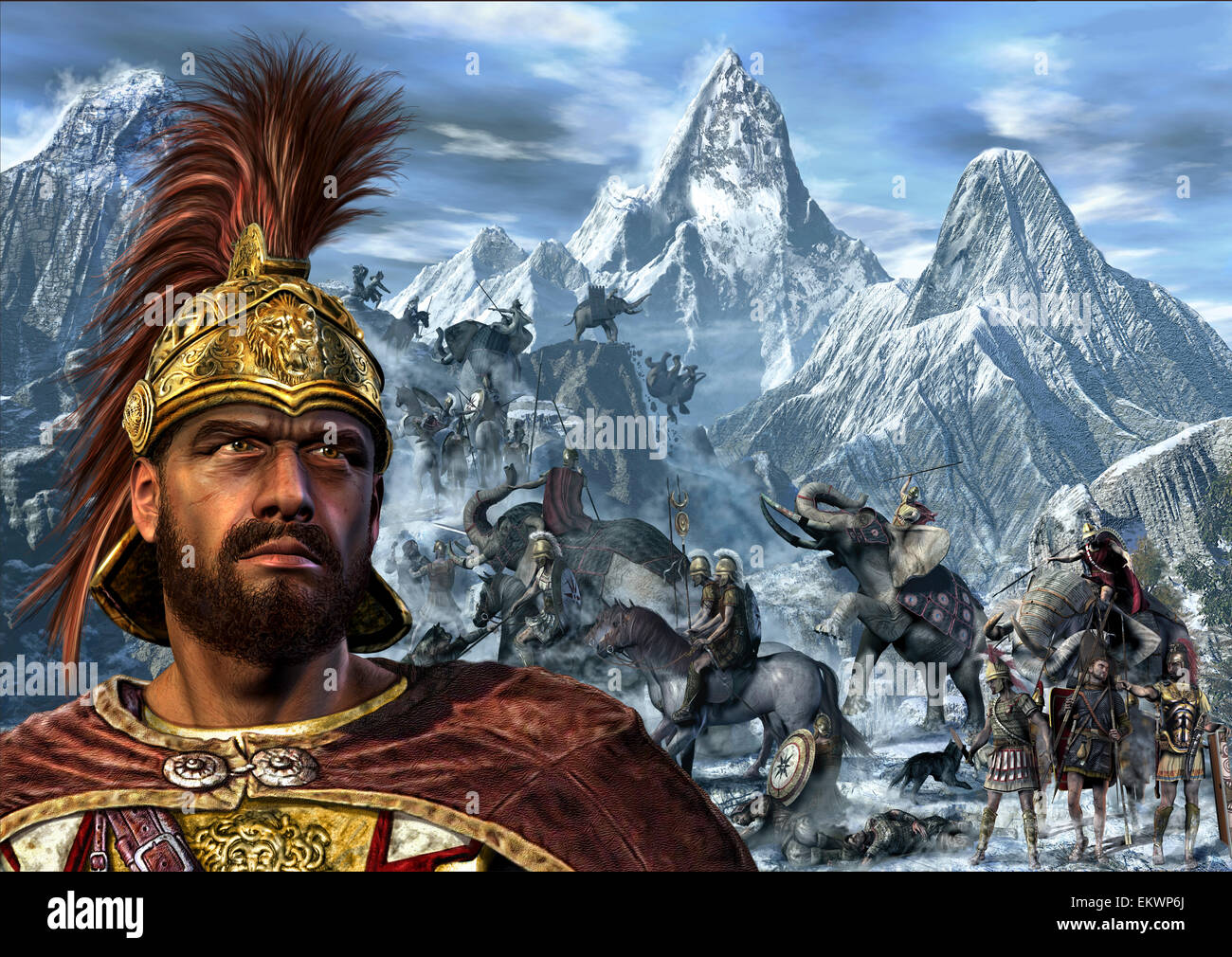 Portrait of Hannibal and his troops crossing the Alps. Stock Photo