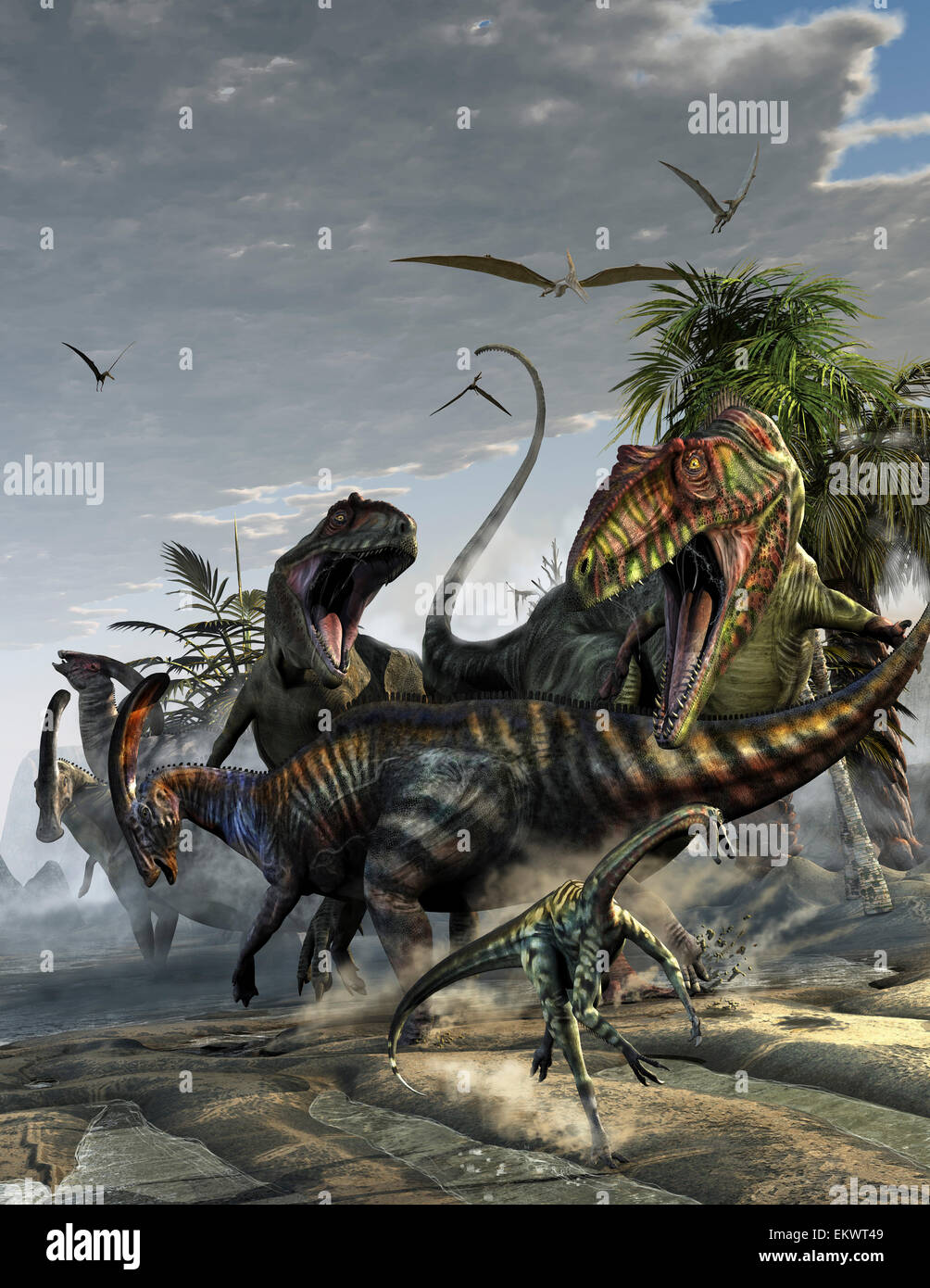 Two Giganotosaurus trying to capture a Parasaurolophus. Stock Photo