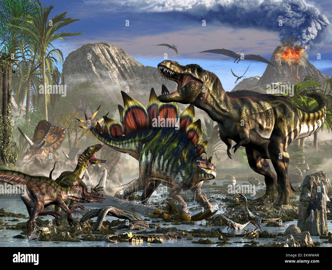 Stegosaurus defending himself from T-Rex and some Utahraptors. In the background are some Torosaurus dinosaurs. Stock Photo