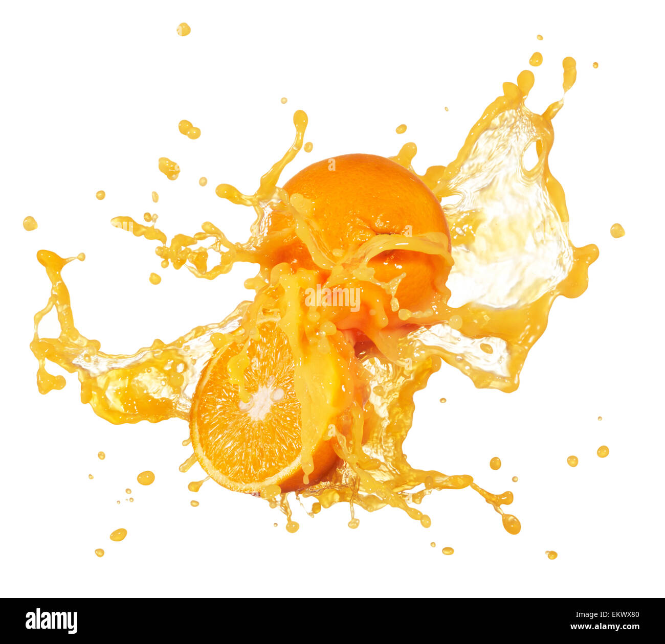 orange juice splashing with its fruits isolated on white Stock Photo