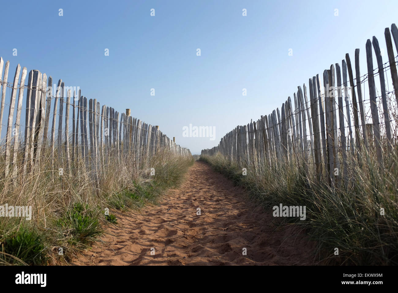 Sandy footpath with a blue sky and wooden fence UK Stock Photo