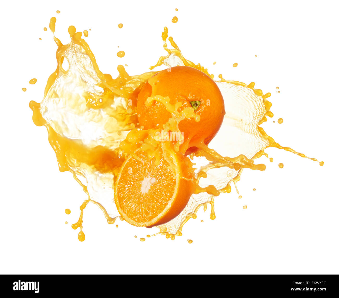 orange juice splashing with its fruits isolated on white Stock Photo
