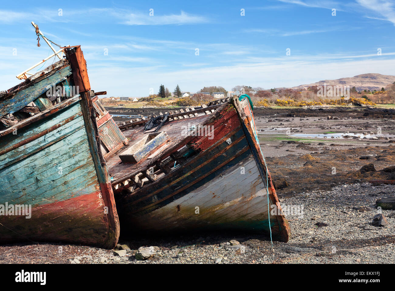 Old wooden boat abandoned on Salen beach, Isle of Mull, Scotland Stock Photo