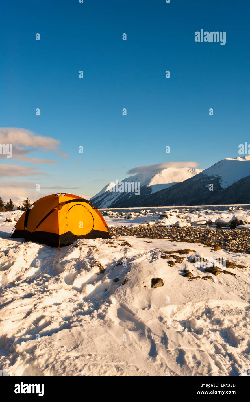 A winter campsite on Bird Point with Turnagain Arm in the background, Southcentral Alaska Stock Photo
