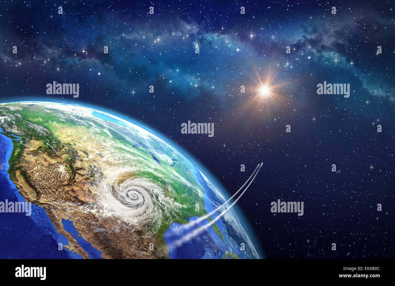 Planet earth in outer space. Spacecrafts lifting off from USA soil, hit by a cyclone. Elements of this image furnished by NASA Stock Photo