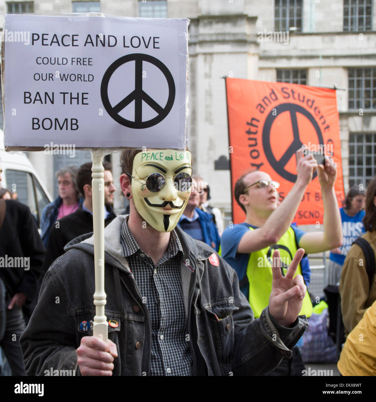 Whitehall, London, UK. 13th April, 2015. Vote Out Trident, an evening of Party and Protest against the renewal of Trident outside the Ministry of Defence building. Credit:  Paul Mendoza/Alamy Live News Stock Photo