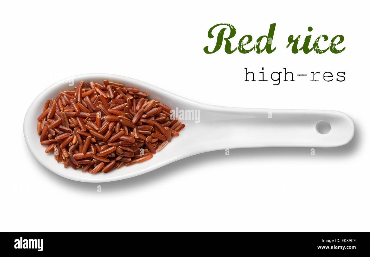 Red rice in white porcelain spoon / high resolution product photography ...