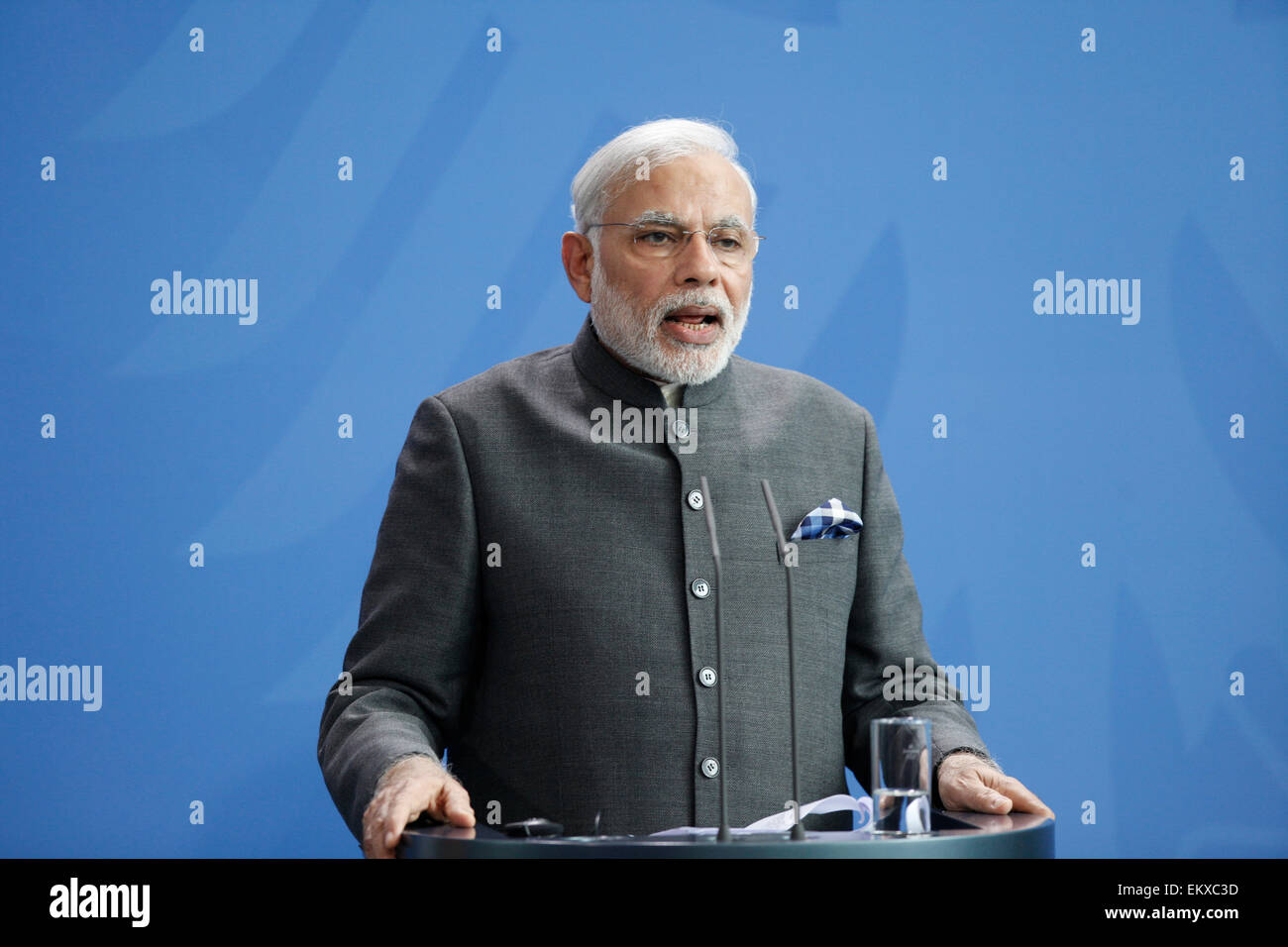 Berlin, Germany. 14th Apr, 2015. Indian prime minister Narendra Modi, and the German Chancellor Angela Merkel during a joint press conference at the German Chancellery  in Berlin, Germany on April 14, 2015. / Picture:  Narendra Modi, Prime Minister of India during press conference aside Merkel in Berlin. Credit:  Reynaldo Chaib Paganelli/Alamy Live News Stock Photo