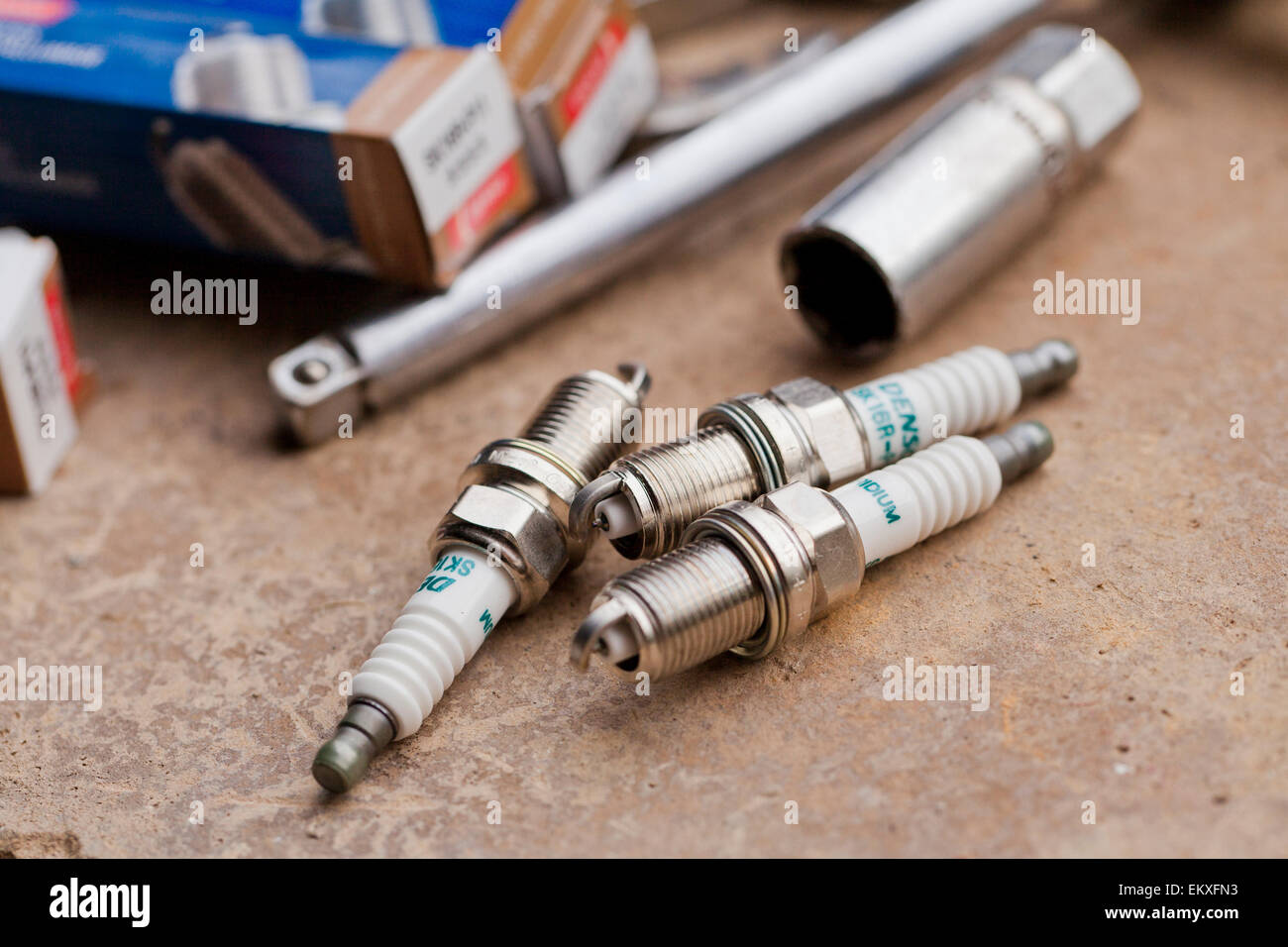 Car spark plugs and repair tools - USA Stock Photo