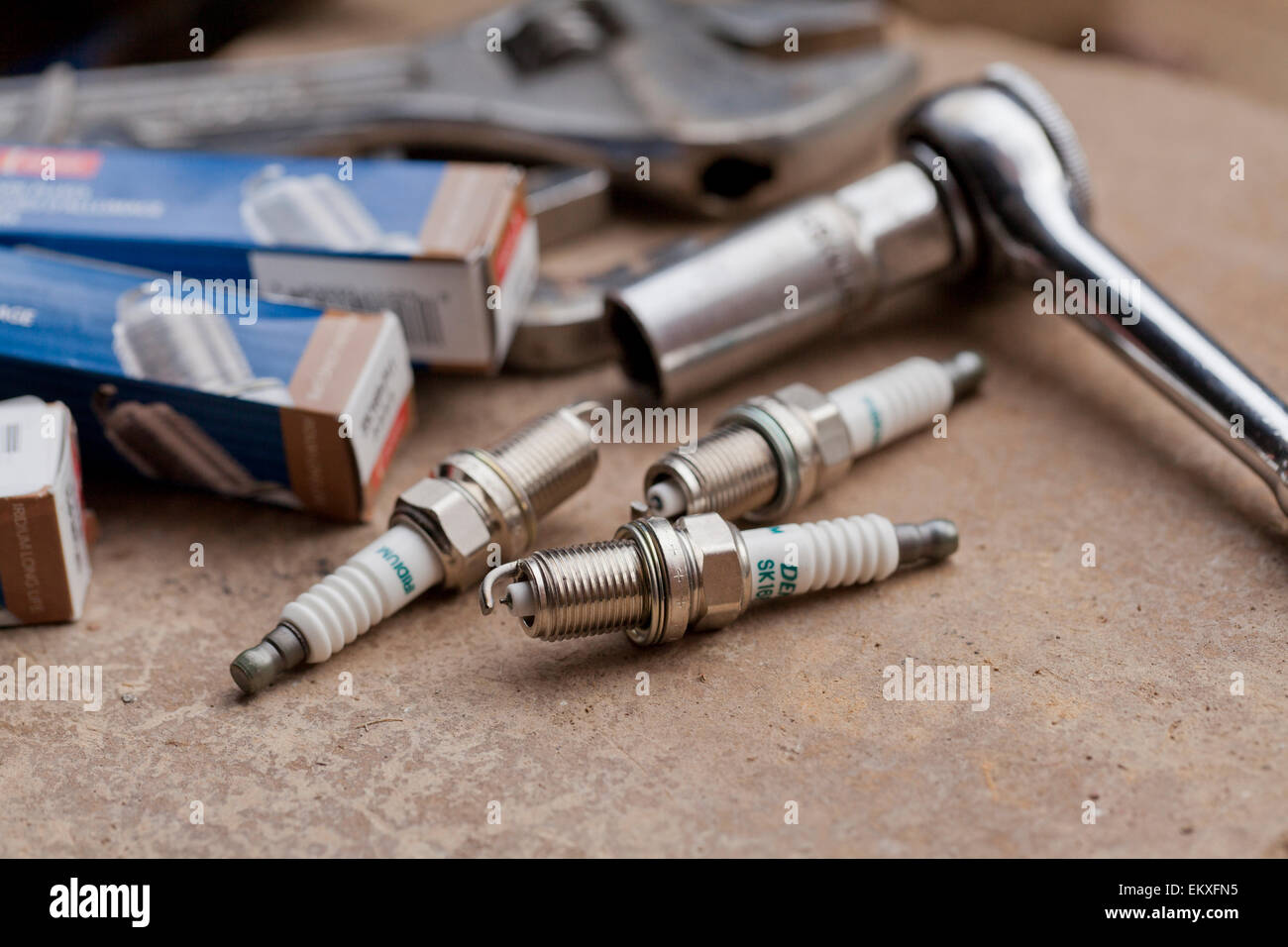 Car spark plugs and repair tools - USA Stock Photo