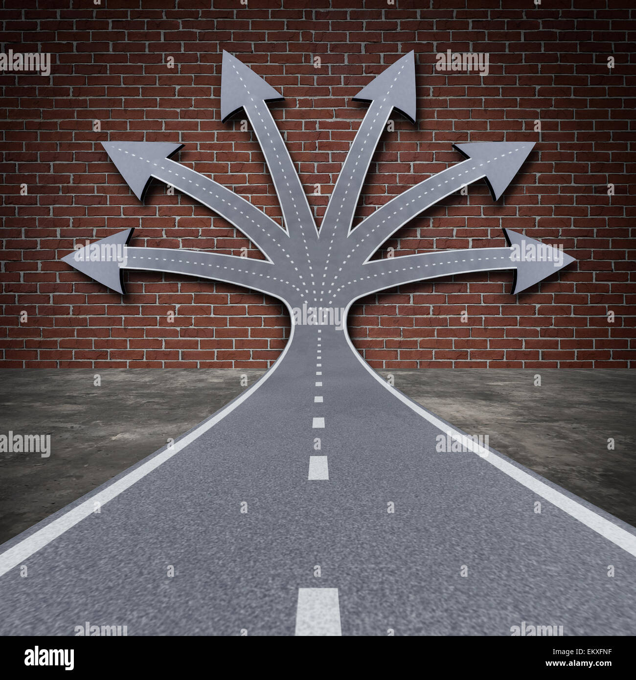 Obstacle solution direction business concept as a road facing a brick wall transforming into a group of arrow paths to overcome Stock Photo