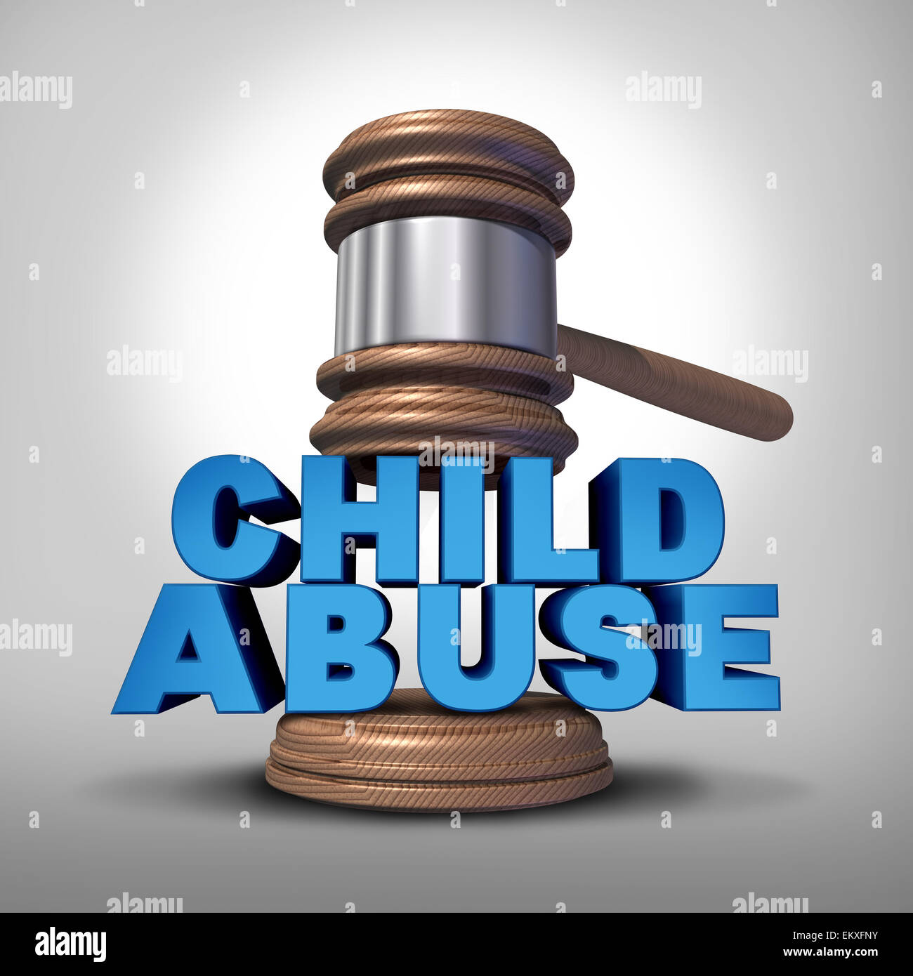 Child abuse concept and criminal abusive mistreatment of children symbol as a justice judge gavel or mallet coming down on the words that represent the criminal act of neglect and violence on kids. Stock Photo