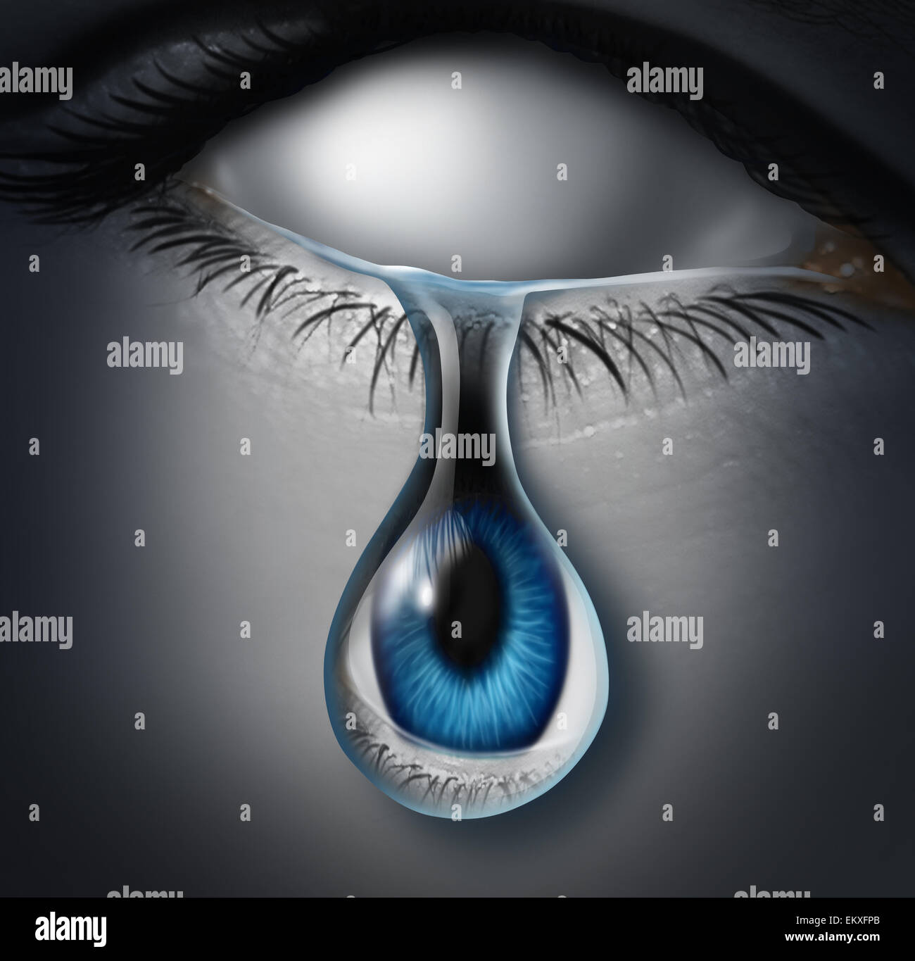 Lost person concept or anonymous victim and emotionaly drained symbol as a blank empty human crying a tear with an eye ball inside the liquid as an icon for drug addiction or identity loss. Stock Photo