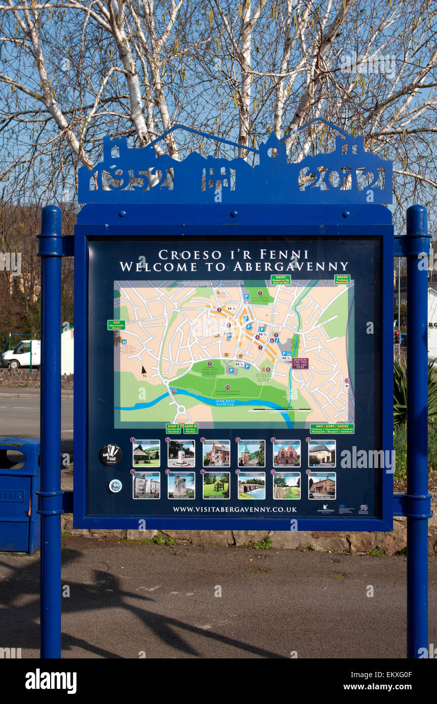 Public information map, Abergavenny, Monmouthshire, Wales, UK Stock Photo