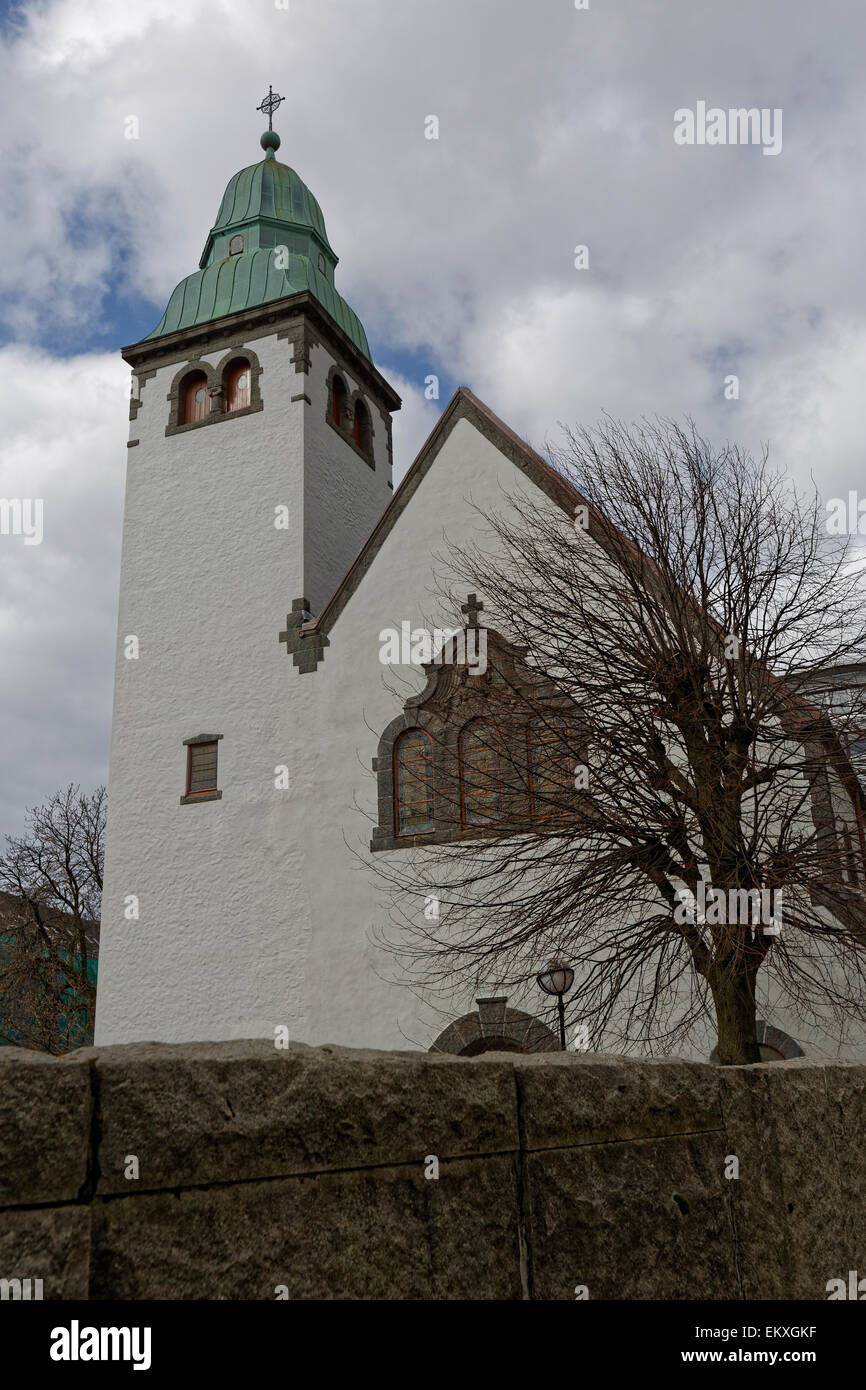 White plastered brick church: St. Jacob's Church, Bergen Stock Photo