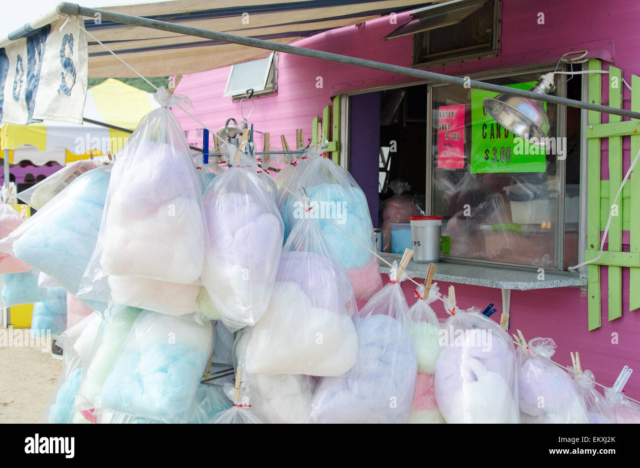 A bright pink food truck sells bags of cotton candy at the Blue Hill Fair, Maine. Stock Photo